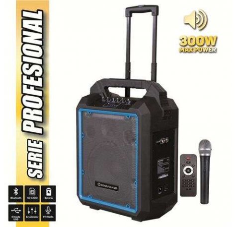 Coolsound Pro 300 Altavoz Autoamplificado Bluetooth 300W 10" 80W RMS con Bateria - USB, SD, Entrada Mic. Jack 6.3mm - 1 Microfono Serie Pro Cool - Autonomia hasta 4h - Asa y Ruedas de Transporte - Mando a Distancia