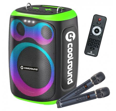 Coolsound Blast Altavoz Karaoke - 8" - 60W RMS - Iluminacion RGB - Bluetooth, USB, Tarjeta TF y Auxiliar - 2 Microfonos Inalambricos Incluidos - Mando a Distancia - Color Verde