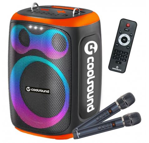 Coolsound Blast Altavoz Karaoke - 8" - 60W RMS - Iluminacion RGB - Bluetooth, USB, Tarjeta TF y Auxiliar - 2 Microfonos Inalambricos Incluidos - Mando a Distancia - Color Naranja
