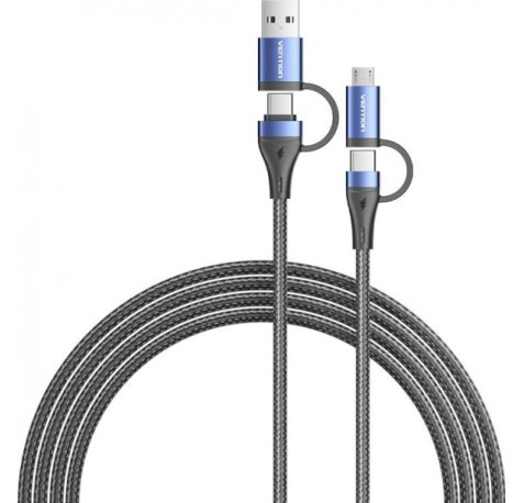 Vention Cable USB-C - Potencia hasta 100W - Longitud 2m - Adaptador USB-A - Adaptador Micro-USB - Velocidad hasta 480Mbps - Recubrimiento de Algodon Trenzado - Color Azul
