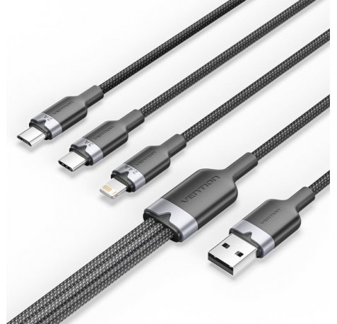 Vention Cable USB-A 2.0 a USB-C, Lightning, Micro-B 3A - 1.5m - Trenzado - Color Negro