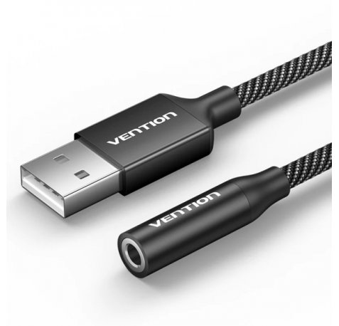 Vention Adapatador de Audio - Jack 3.5mm Hembra - USB-C Macho - Chaqueta Trenzada de Algodon - Cable 25cm - Aluminio - Color Negro