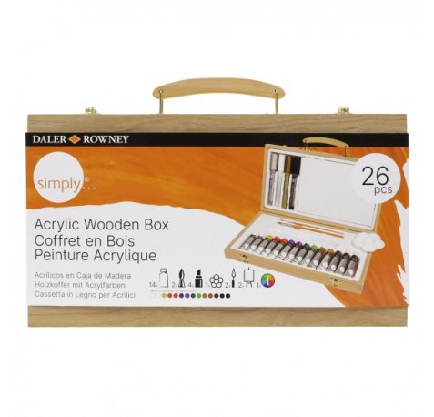 Daler Rowney Simply Pack de 26 Piezas - Pintura Acrilica - Caja de Madera - Colores Surtidos