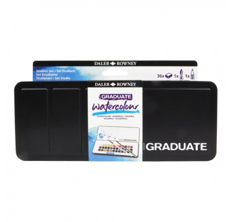Daler Rowney Graduate Pack de 36 Acuarelas - Medio Godets - Incluye Pincel y Lapiz - Colores Surtidos