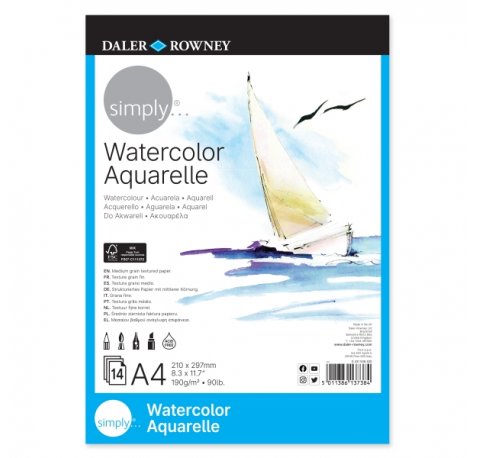 Daler Rowney Simply Bloc Encolado para Acuarela - A4 - 190g - 14 Hojas - Color Blanco