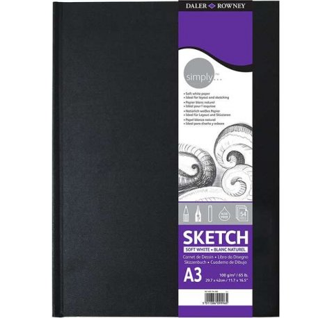 Daler Rowney Simply Cuaderno de Dibujo Cosido A3 - 100g/m2 - Cubierta Rigida - 54 Hojas - Color Blanco