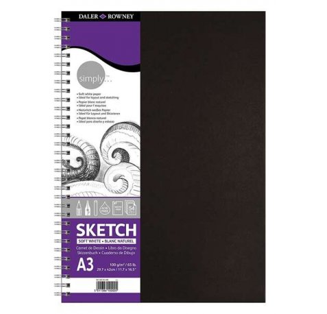 Daler Rowney Simply Cuaderno de Dibujo A3 - Cubierta Rigida con Encuadernacion en Espiral - 100g/m2 - Color Blanco