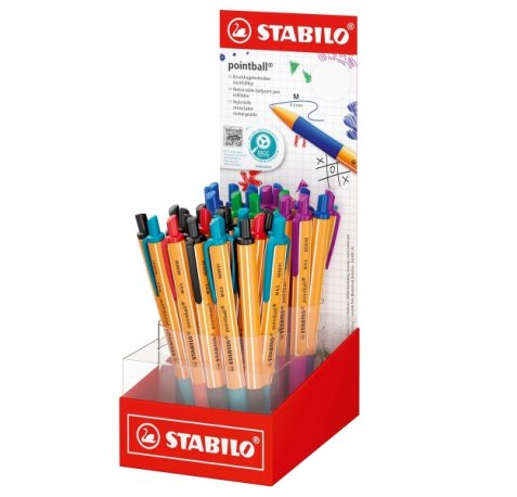 Stabilo Pointball Expositor con 38 Boligrafos Retractiles - Punta de 1mm - Tinta con Base de Aceite - Recargable - 87% Plastico Reciclado - Grip Antideslizante - Colores Surtidos