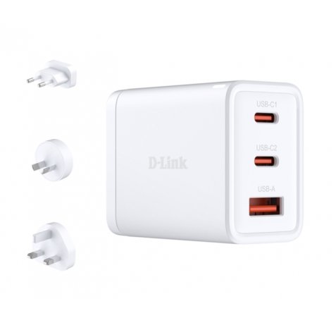 D-Link Cargador de Pared GaN de 65W - 2 USB-C y 1 USB-A - Conectores Intercambiables - Color Blanco
