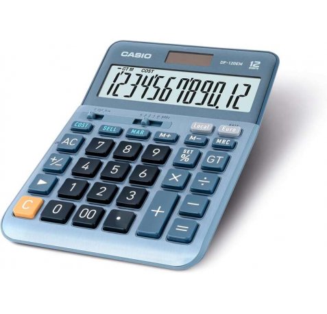 Casio DF-120EM Calculadora de Sobremesa - Pantalla Extragrande de 12 Digitos - Alimentacion Solar y Pilas - Color Azul