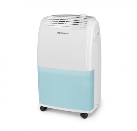 Orbegozo DH 2025 Deshumidificador - Potencia 420W - Absorbe 20 L/Dia - Deposito de 3.6L - Respetuoso con el Medio Ambiente - Temporizador - Ruedas y Asa de Transporte - 34.5x22.5x58cm - Color blanco y azul