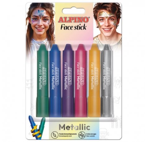 Alpino Fiesta Face Stick Metallic Pack con 6 Barritas de Pintura Facial - Sistema Retractil Giratorio - Se Lava con Agua - Testado Dermatologicamente - Colores Surtidos Metalicos