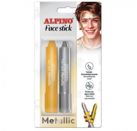 Alpino Fiesta Face Stick Pack con 2 Barritas de Pintura Facial - Sistema Retractil Giratorio - Se Lava con Agua - Testado Dermatologicamente - Color Plata y Oro