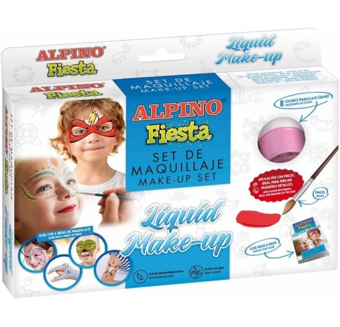 Alpino Fiesta Pack de 8 Botes de Maquillaje Liquido de Diferentes Colores + Pincel + Guia de Ideas - Se Lava con Agua - Testado Dermatologicamente