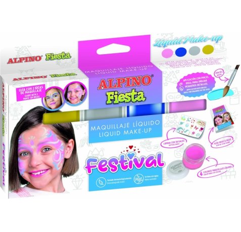 Alpino Fiesta Festival Pack de 4 Botes de Maquillaje Liquido de Diferentes Colores + Pincel + Guia de Ideas - Se Lava con Agua - Testado Dermatologicamente