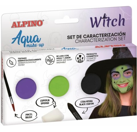 Alpino Aqua Make Up Set de Caracterizacion de Bruja - 3 Polveras + Cera Negra + Pincel + Esponja
