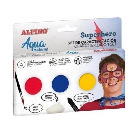 Alpino Aqua Make Up Set de Caracterizacion de Superheroes - 3 Polveras + Cera Negra + Pincel + Esponja