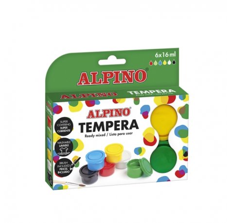 Alpino Pack con 6 Botes de Tempera 16ml + Pincel - Supercubriente y Lavable - Colores Surtidos