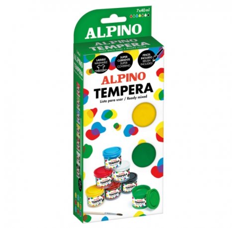 Alpino Pack con 7 Botes de Tempera 40ml + Pincel - Supercubriente y Lavable - Colores Surtidos