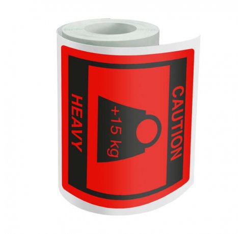 Dohe Rollo de 500 Etiquetas Adhesivas Caution - Heavy - 80x80mm - para Expedicion de Paquetes (10 uds)