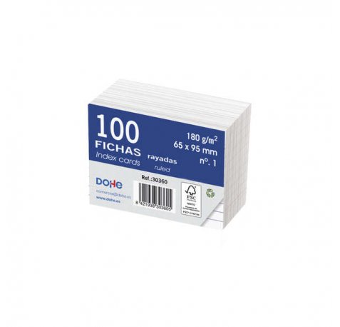 Dohe Fichas de Cartulina Offset Blanca de 180g - 100x200mm - Rayadas - Paquete de 100 Fichas