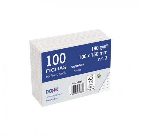 Dohe Fichas de Cartulina Offset Blanca - 180g - Rayadas - Paquete de 100 Unidades