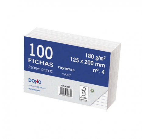 Dohe Fichas de Cartulina Offset Blanca - 180g - Rayadas - Paquete de 100 Fichas