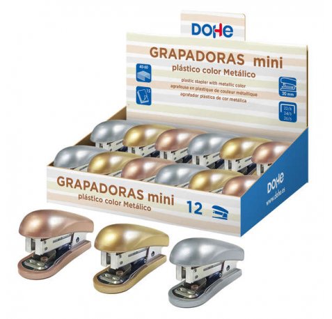 Dohe Expositor de 12 Mini grapadoras de Sobremesa - Materiales Plasticos de Primera Calidad - Capacidad de Grapado hasta 15 Hojas - Admite grapas de 22/6, 24/6 y 26/6 (12 uds)