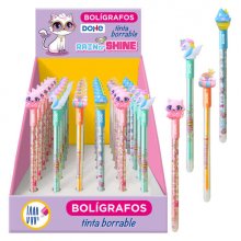 Dohe Boligrafos Borrables - Cuerpo de Plastico en Colores Vivos - Tapa Decorada con Motivos Diferentes - Punta de Bola Metalizada de 1mm - Tinta Azul (36 uds)