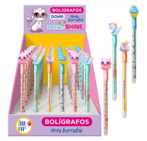 Dohe Boligrafos Borrables - Cuerpo de Plastico en Colores Vivos - Tapa Decorada con Motivos Diferentes - Punta de Bola Metalizada de 1mm - Tinta Azul (36 uds)