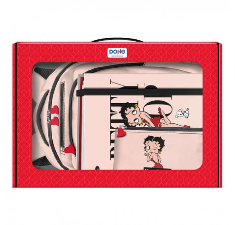 Dohe Pack Mochila, Carpeta y Portatodo Betty Boop - Maletin Regalo 365x515x105mm - Carpeta A4 Recambio - Mochila 3 Compartimentos Grande - Portatodo Triple