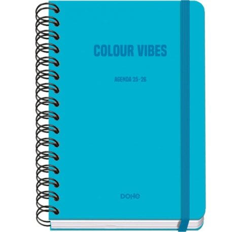 Dohe Colour Vibes Agenda Escolar 25/26 Espiral Wire?o A5 - Semana Vista - Papel 80g/m2 - 4 Hojas de Pegatinas - Cubierta de Carton Plastificado - Cierre con Goma Elastica - Color Azul Cyan