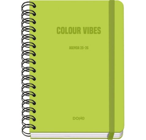Dohe Colour Vibes Agenda Escolar 25/26 Espiral Wire?o A5 - Semana Vista - Papel 80g/m2 - 4 Hojas de Pegatinas - Cubierta de Carton Plastificado - Cierre con Goma Elastica - Color Verde Lima