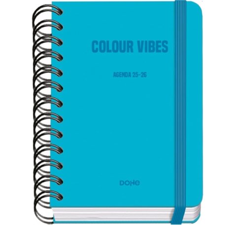 Dohe Colour Vibes Agenda Escolar 25/26 Espiral Wire?o A6 - Dia Pagina - Papel 80g/m2 - 4 Hojas de Pegatinas - Cubierta de Carton Plastificado - Cierre con Goma Elastica - Color Azul Cyan