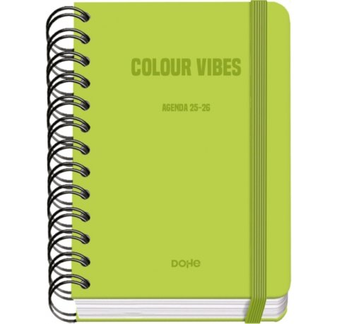 Dohe Colour Vibes Agenda Escolar 25/26 Espiral Wire?o A6 - Dia Pagina - Papel 80g/m2 - 4 Hojas de Pegatinas - Cubierta de Carton Plastificado - Cierre con Goma Elastica - Color Verde Lima