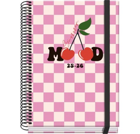 Dohe Cherry Agenda Escolar 25/26 Espiral A5 - Dia Pagina - Papel 70g/m2 - 4 Hojas de Pegatinas - Cubierta de Carton Plastificado - Cierre con Goma Elastica