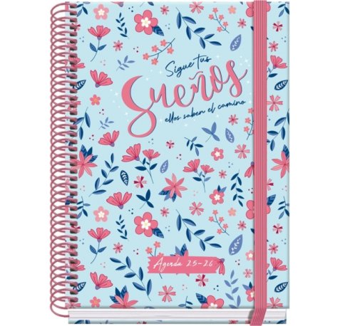 Dohe Blossom Agenda Escolar 25/26 Espiral A5 - Dia Pagina - Papel 70g/m2 - 4 Hojas de Pegatinas - Cubierta de Carton Plastificado - Cierre con Goma Elastica