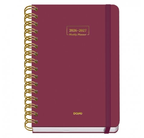 Dohe Premium Agenda Escolar 26/27 - Formato A5 - Semana Vista - Papel Offset Ahuesado 80g - Cubierta de Carton Plastificado - Espiral Metalica Doble - Goma - 15x21x2cm - Color Burdeos