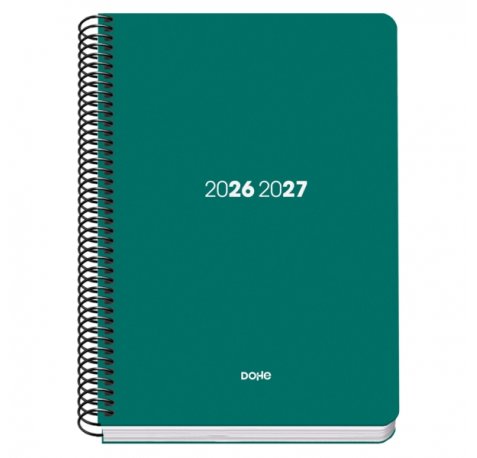 Dohe Basic Element Agenda Escolar 26/27 - Formato A5 - Dia Pagina - Papel Offset Ahuesado 70g - Cubierta de Carton Plastificado - Espiral Metalica - Goma - 15x21x4cm - Color Verde