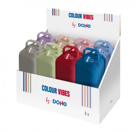 Dohe Colour Vibes Expositor con 8 Portatodo - 2 Cremalleras - Tirador de Goma - Silicona de Tacto Suave - Asa Lateral - Colores Surtidos