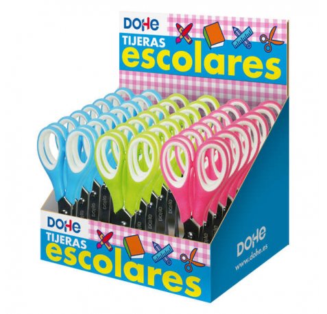 Dohe Expositor de 24 Tijeras Escolares de 125mm - Hojas de Acero Inoxidable - Puntas Redondeadas - Mango Ergonomico de Plastico y Caucho - Colores Surtidos (24 uds)