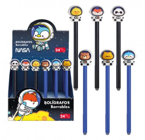 Dohe Expositor de 24 Boligrafos Tinta Borrable - Cuerpo Plastico Color - Tapa Decorada Astronautas-Animales - Punta Bola Metalica 1mm - Tinta Azul