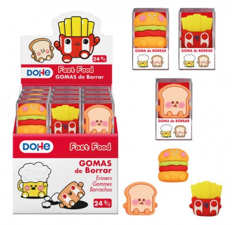 Dohe Expositor de 24 Gomas de Borrar en PVC con Forma de Alimentos - Suave Tacto - Caja Transparente Individual