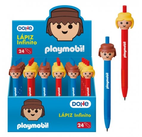 Dohe Playmobil Expositor de 24 Lapices Infinitos - Grip de Caucho - Se Borra Facilmente - Decorados con Motivos de los Muñecos Playmobil