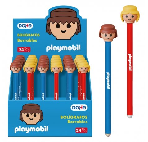 Dohe Playmobil Expositor de 24 Boligrafos Borrables - Punta Bola Metalica 1mm - Trazo 0.5mm - Capuchon Decorado con Muñecos Playmobil - Tinta Azul