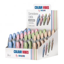 Dohe Colour Vibes Expositor con 24 Cintas Correctoras - 5mm x 6m - Pulsador Retractil - Recargable - Cuerpo Ergonomico - Colores Surtidos