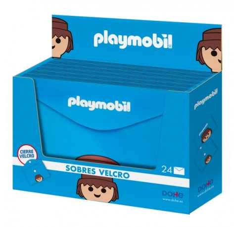 Dohe Playmobil Expositor con 24 Sobres Portadocumentos Folio - Cierre de Velcro - Polipropileno Opaco 200 Micras - Color Azul