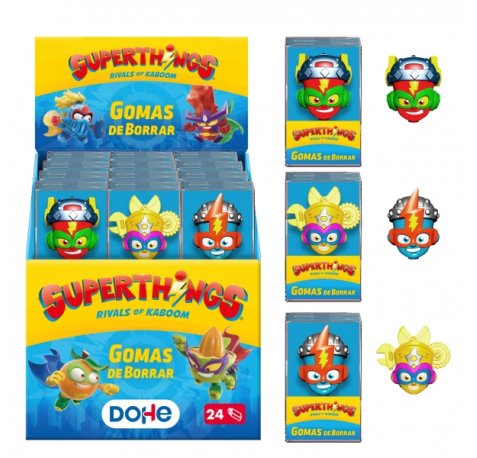 Dohe Superthings Expositor con 24 Gomas de Borrar - Fabricadas en PVC - Resistente - Formas Surtidas