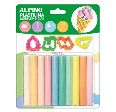 Alpino Pack con 10 Barras de Plastilina 17gr + 4 Moldes - Muy Flexible - Pueden Mezclarse - Sin Gluten - Colores Pastel Surtidos
