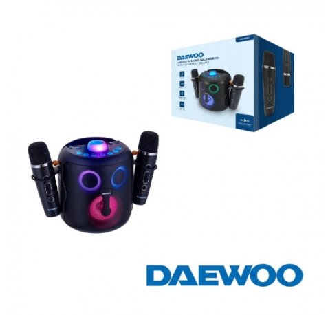 Daewoo DW3008 Altavoz Karaoke Portatil Bluetooth 5.4 de 15W - 2 Microfonos Inalambricos - Luces LED - Radio FM - USB/SD/Aux - Bateria 1800mAh - Carga USBâ??C - Asa de Transporte y Soporte para Movil - Color Negro